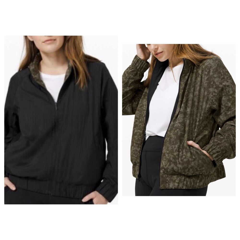Lululemon Bombs Away Green Camo Black Reversible Windbreaker Sz 4 Bomber Jacket